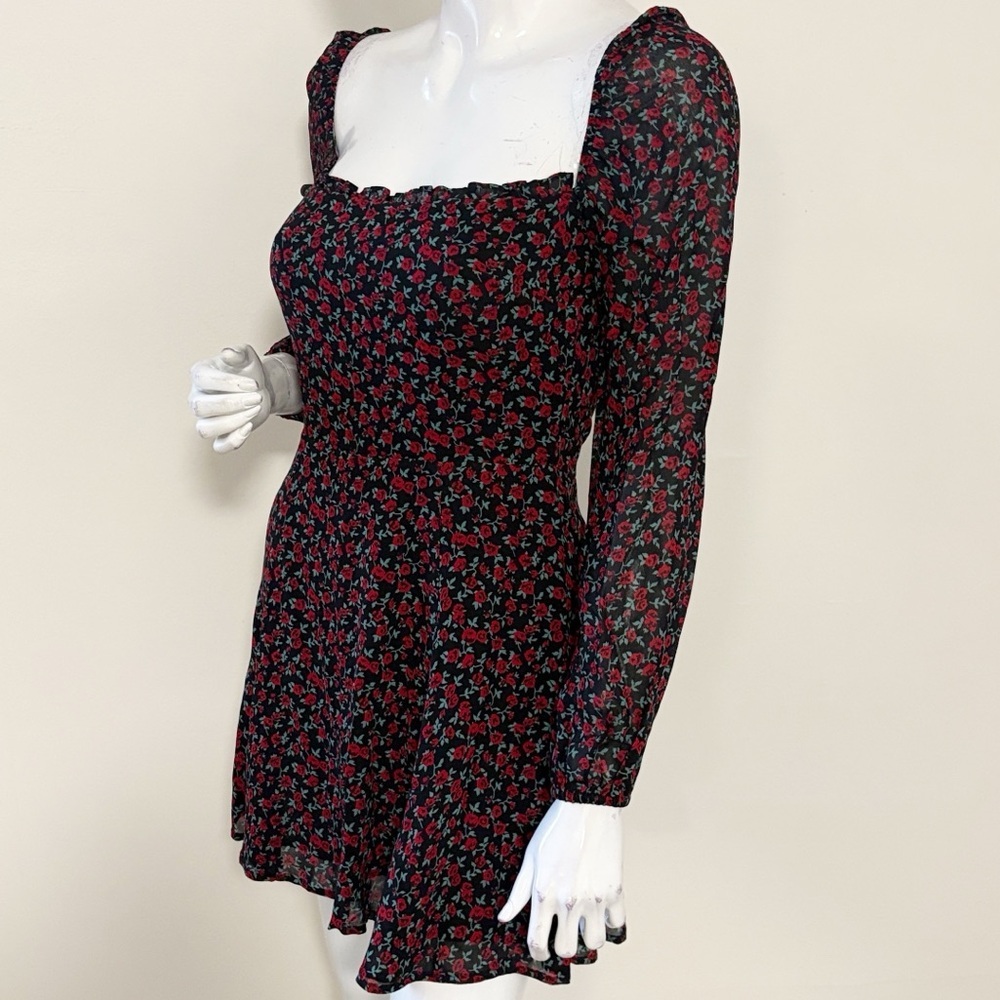 Reformation Black and Red Floral Rose Print Long Sleeve Off Shoulder Mini Dress - Picture 4 of 6